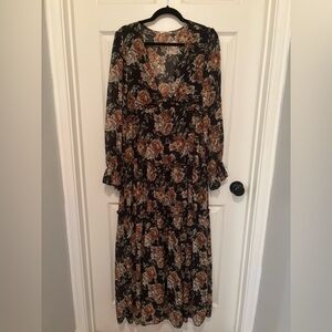 Eesome Black and Brown Floral Long Sleeve Maxi Dress